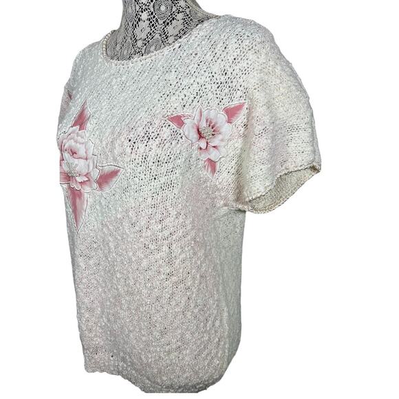 Partners by Mervyns Short Sleeve Knit Floral Pearl Accent Sweater Size Medium - Picture 4 of 7